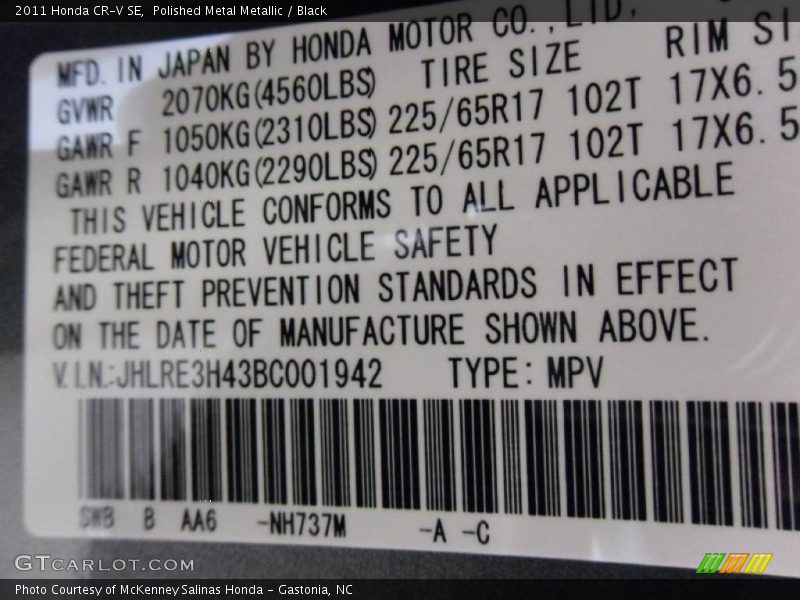 2011 CR-V SE Polished Metal Metallic Color Code NH737M