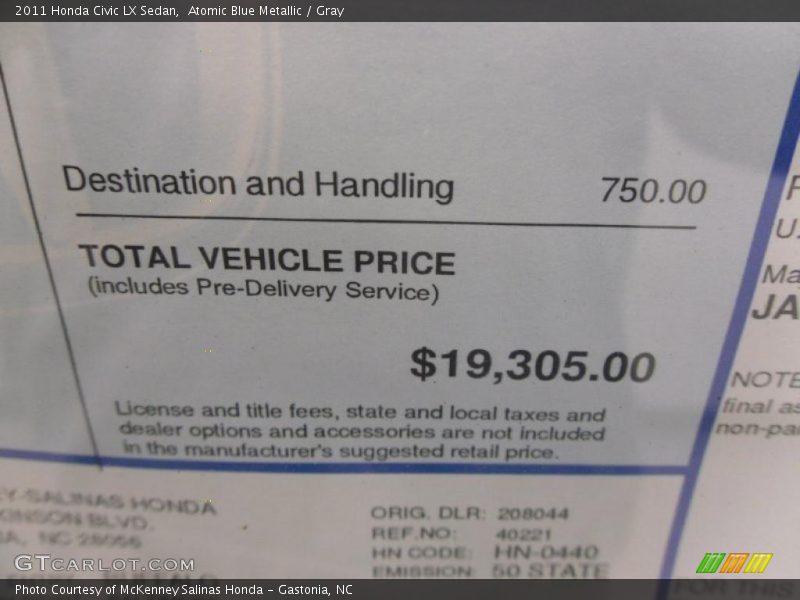 Atomic Blue Metallic / Gray 2011 Honda Civic LX Sedan