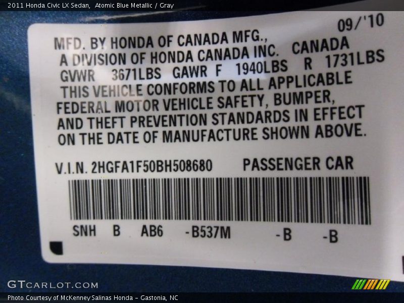 2011 Civic LX Sedan Atomic Blue Metallic Color Code B537M