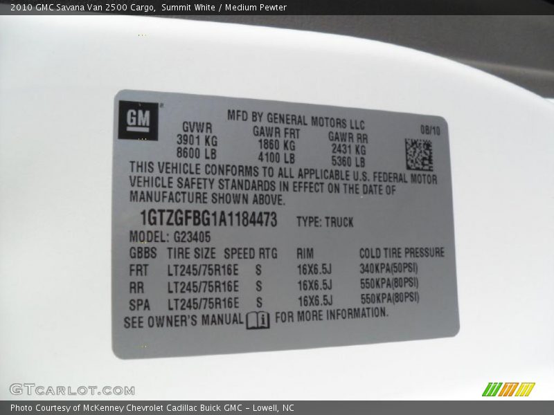 Summit White / Medium Pewter 2010 GMC Savana Van 2500 Cargo