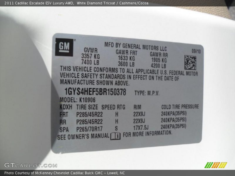 Info Tag of 2011 Escalade ESV Luxury AWD