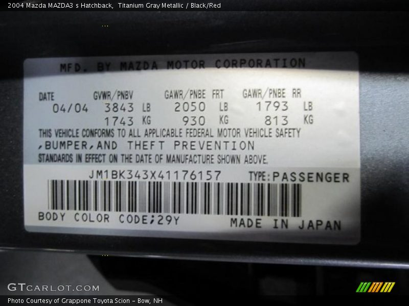 2004 MAZDA3 s Hatchback Titanium Gray Metallic Color Code 29Y