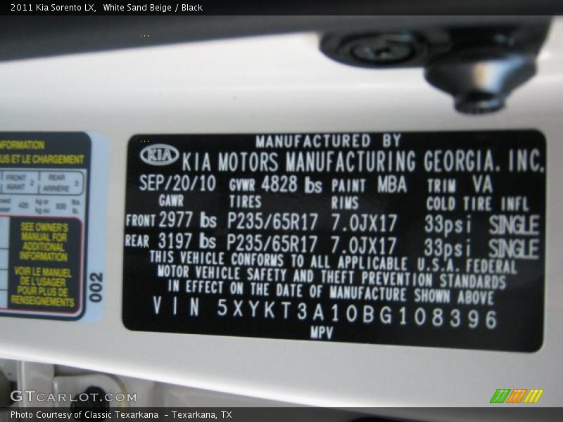 2011 Sorento LX White Sand Beige Color Code MBA