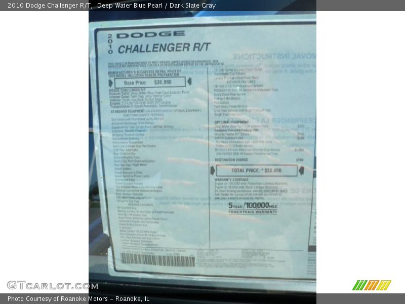 Deep Water Blue Pearl / Dark Slate Gray 2010 Dodge Challenger R/T