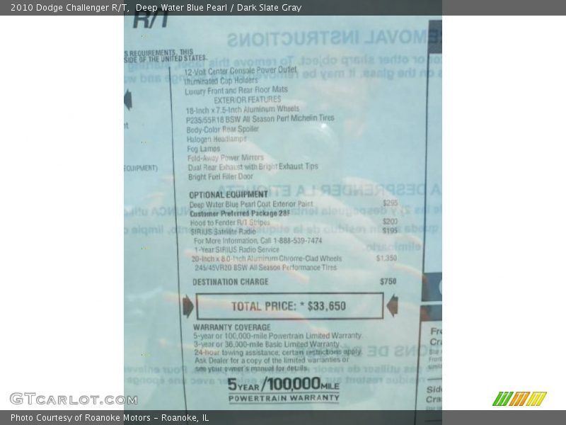 Deep Water Blue Pearl / Dark Slate Gray 2010 Dodge Challenger R/T