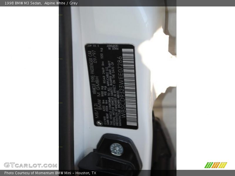Info Tag of 1998 M3 Sedan