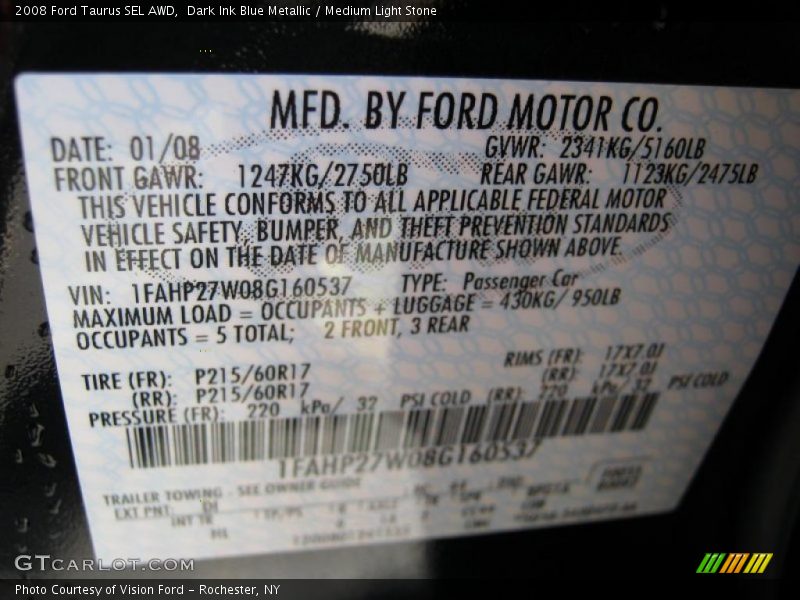 2008 Taurus SEL AWD Dark Ink Blue Metallic Color Code DI