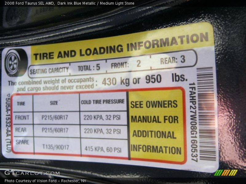 Info Tag of 2008 Taurus SEL AWD