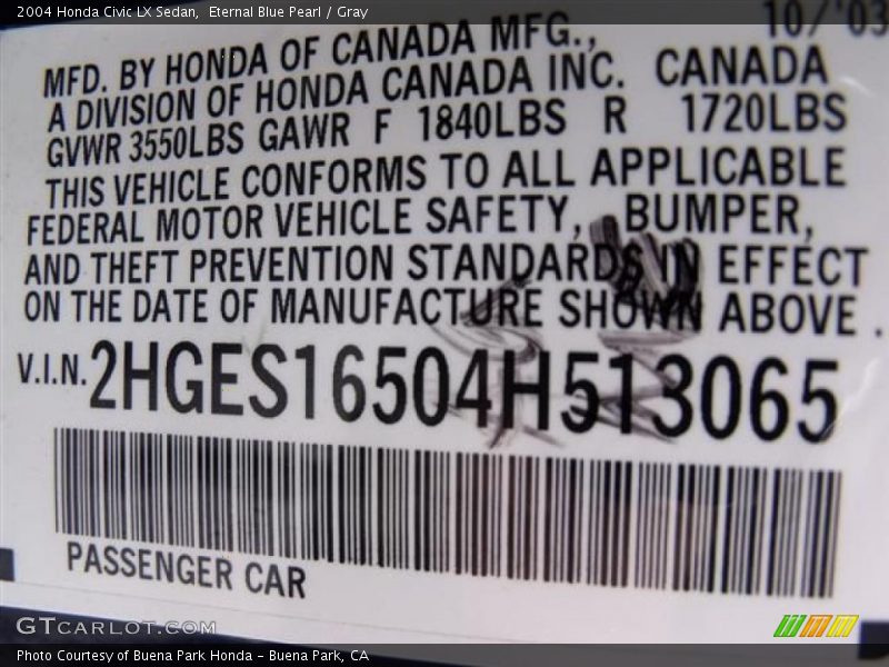 Eternal Blue Pearl / Gray 2004 Honda Civic LX Sedan