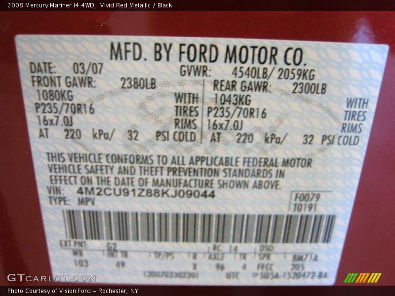 2008 Mariner I4 4WD Vivid Red Metallic Color Code G2