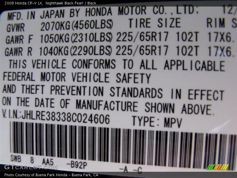 2008 CR-V LX Nighthawk Black Pearl Color Code B92P