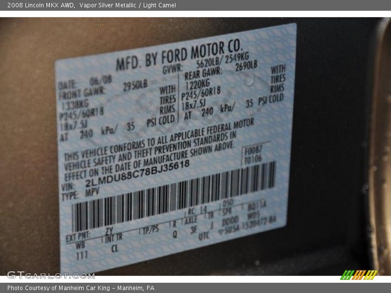 Vapor Silver Metallic / Light Camel 2008 Lincoln MKX AWD