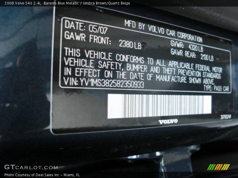 Barents Blue Metallic / Umbra Brown/Quartz Beige 2008 Volvo S40 2.4i