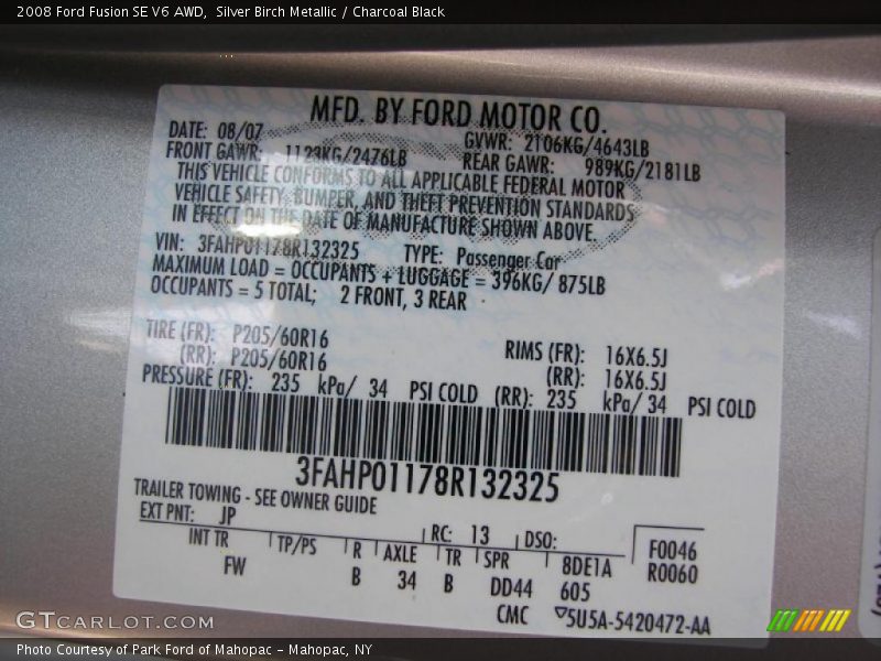 2008 Fusion SE V6 AWD Silver Birch Metallic Color Code JP