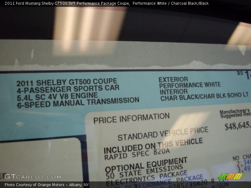  2011 Mustang Shelby GT500 SVT Performance Package Coupe Window Sticker