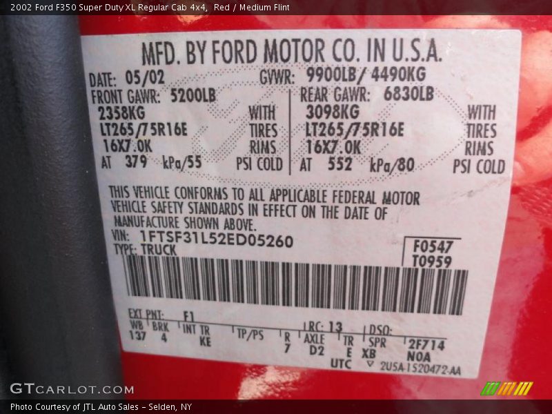 2002 F350 Super Duty XL Regular Cab 4x4 Red Color Code F1