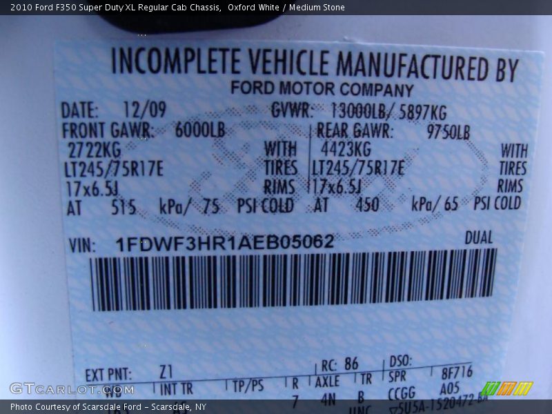 2010 F350 Super Duty XL Regular Cab Chassis Oxford White Color Code Z1
