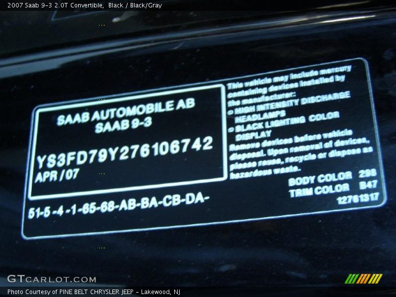 Black / Black/Gray 2007 Saab 9-3 2.0T Convertible