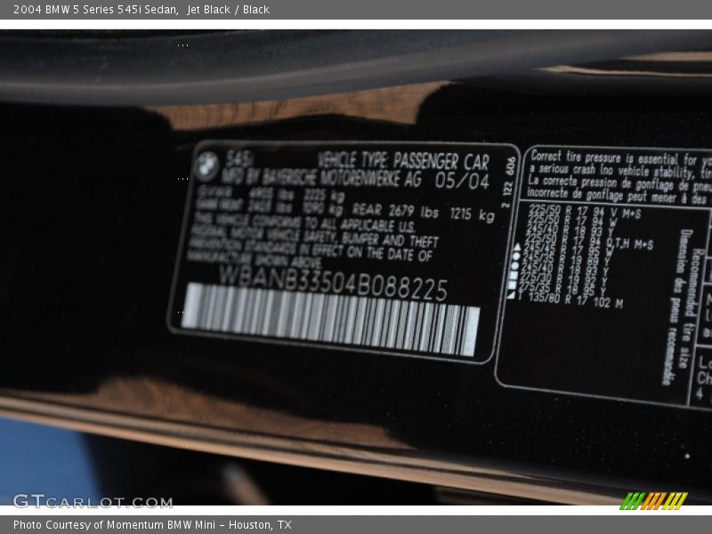 Info Tag of 2004 5 Series 545i Sedan