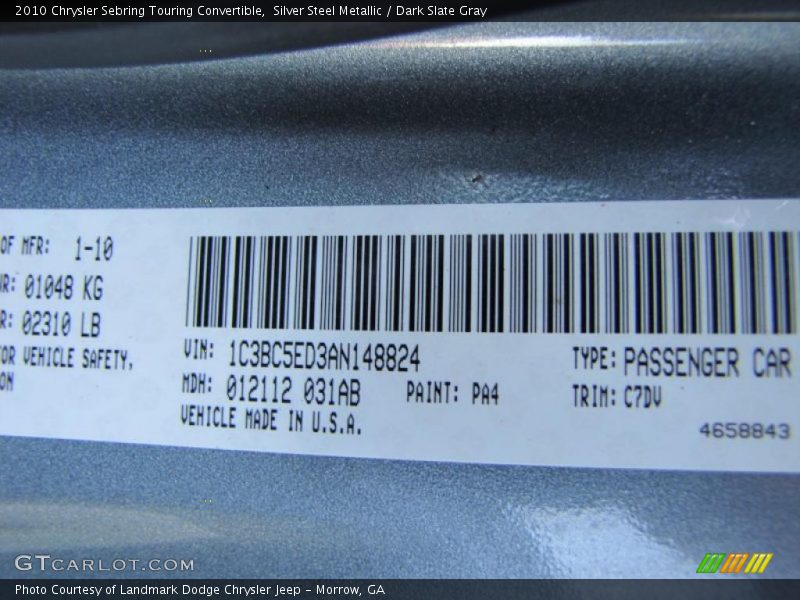 2010 Sebring Touring Convertible Silver Steel Metallic Color Code PA4