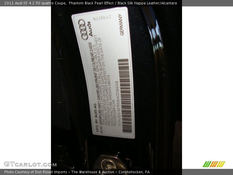 Info Tag of 2011 S5 4.2 FSI quattro Coupe