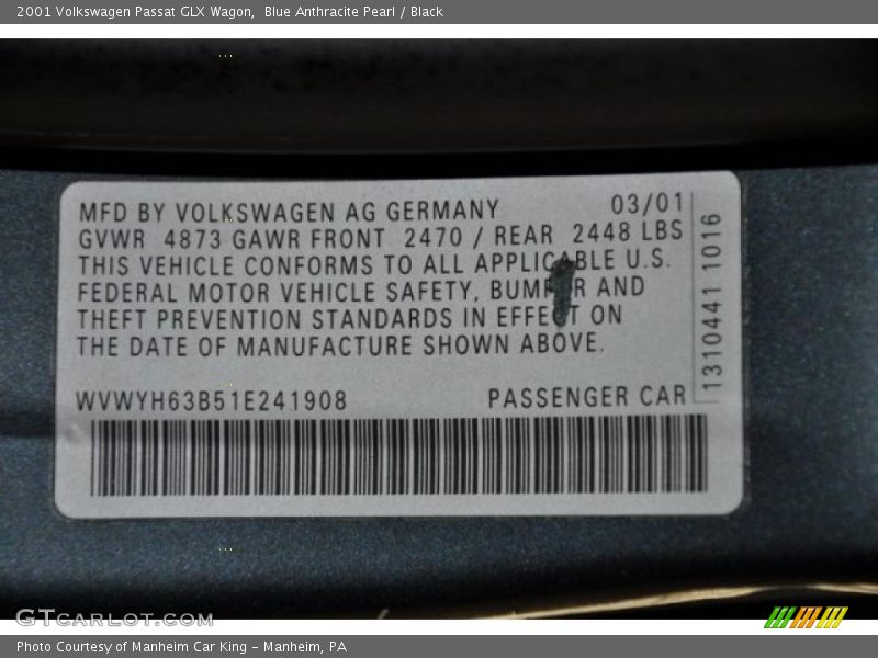 Blue Anthracite Pearl / Black 2001 Volkswagen Passat GLX Wagon