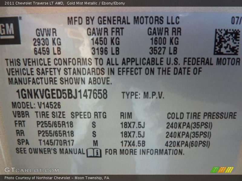 Gold Mist Metallic / Ebony/Ebony 2011 Chevrolet Traverse LT AWD