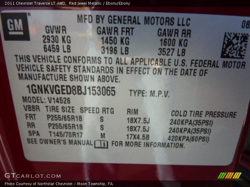 Red Jewel Metallic / Ebony/Ebony 2011 Chevrolet Traverse LT AWD