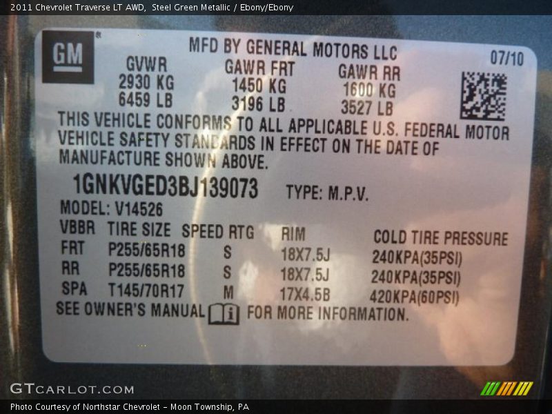 Steel Green Metallic / Ebony/Ebony 2011 Chevrolet Traverse LT AWD