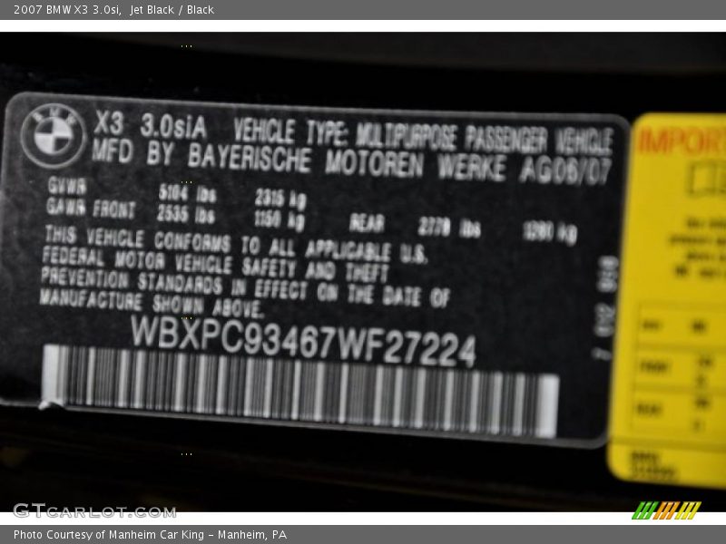 Jet Black / Black 2007 BMW X3 3.0si