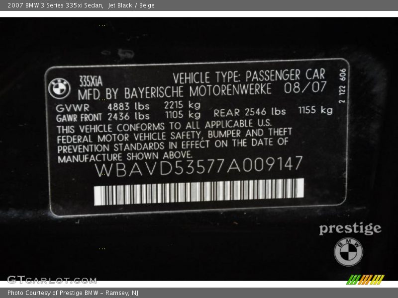 Info Tag of 2007 3 Series 335xi Sedan