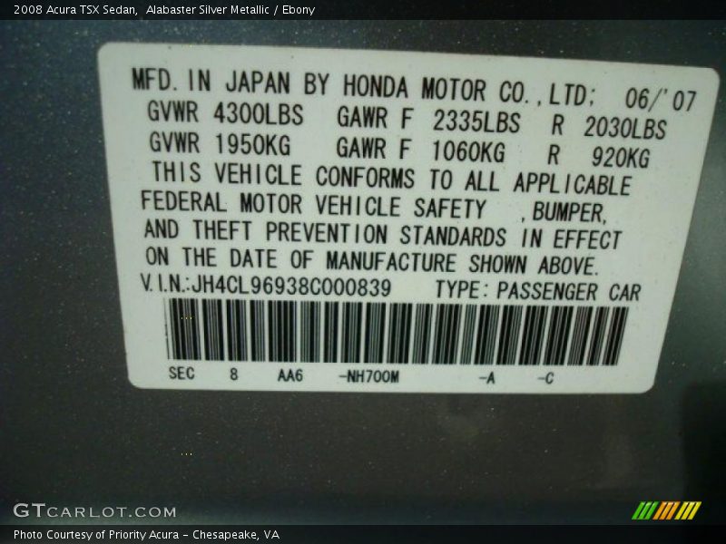 2008 TSX Sedan Alabaster Silver Metallic Color Code NH700M