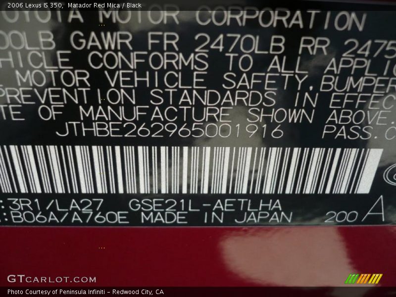 Matador Red Mica / Black 2006 Lexus IS 350