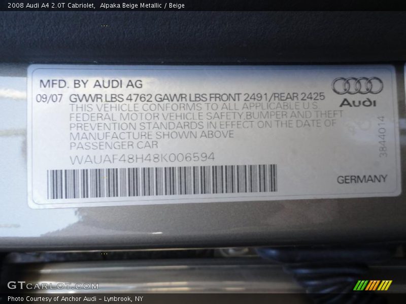 Alpaka Beige Metallic / Beige 2008 Audi A4 2.0T Cabriolet