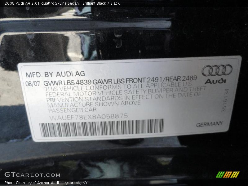 Info Tag of 2008 A4 2.0T quattro S-Line Sedan