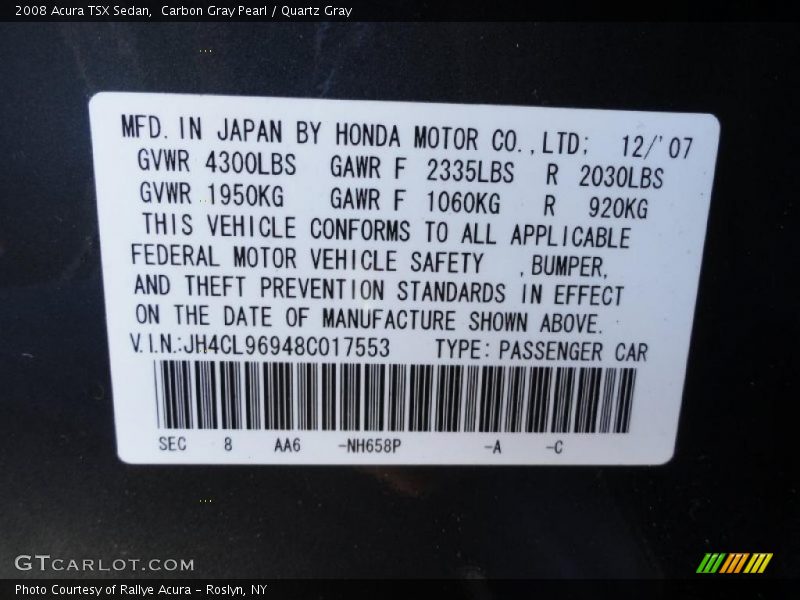 Carbon Gray Pearl / Quartz Gray 2008 Acura TSX Sedan