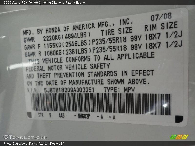 2009 RDX SH-AWD White Diamond Pearl Color Code NH603P