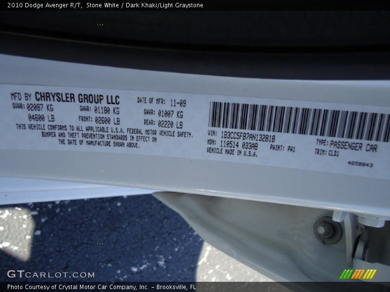 2010 Avenger R/T Stone White Color Code PW1