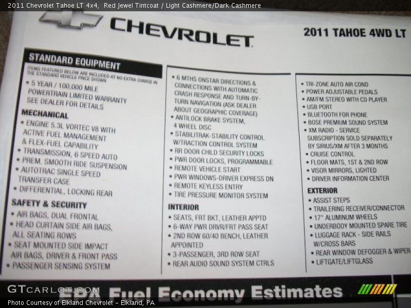  2011 Tahoe LT 4x4 Window Sticker