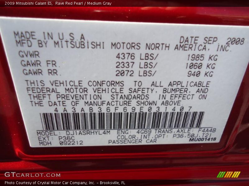 Rave Red Pearl / Medium Gray 2009 Mitsubishi Galant ES