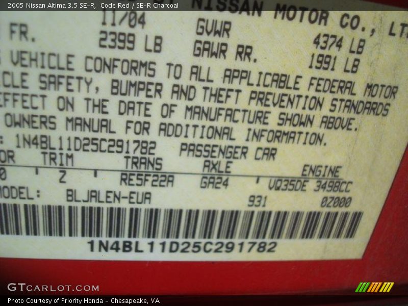 Code Red / SE-R Charcoal 2005 Nissan Altima 3.5 SE-R