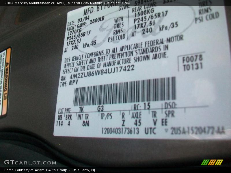 2004 Mountaineer V8 AWD Mineral Gray Metallic Color Code TK