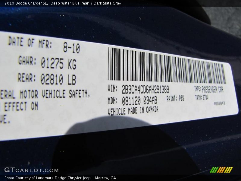Deep Water Blue Pearl / Dark Slate Gray 2010 Dodge Charger SE