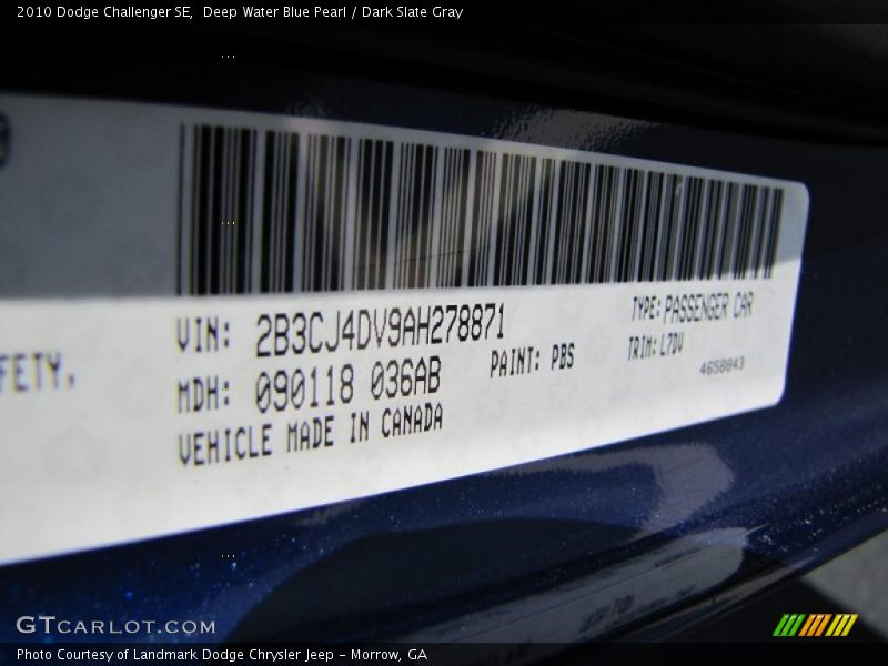 Deep Water Blue Pearl / Dark Slate Gray 2010 Dodge Challenger SE