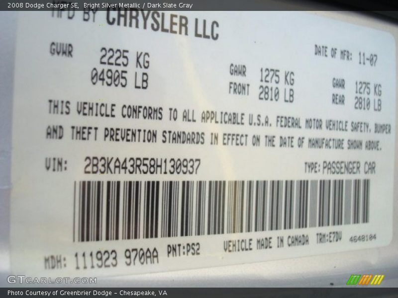 Bright Silver Metallic / Dark Slate Gray 2008 Dodge Charger SE