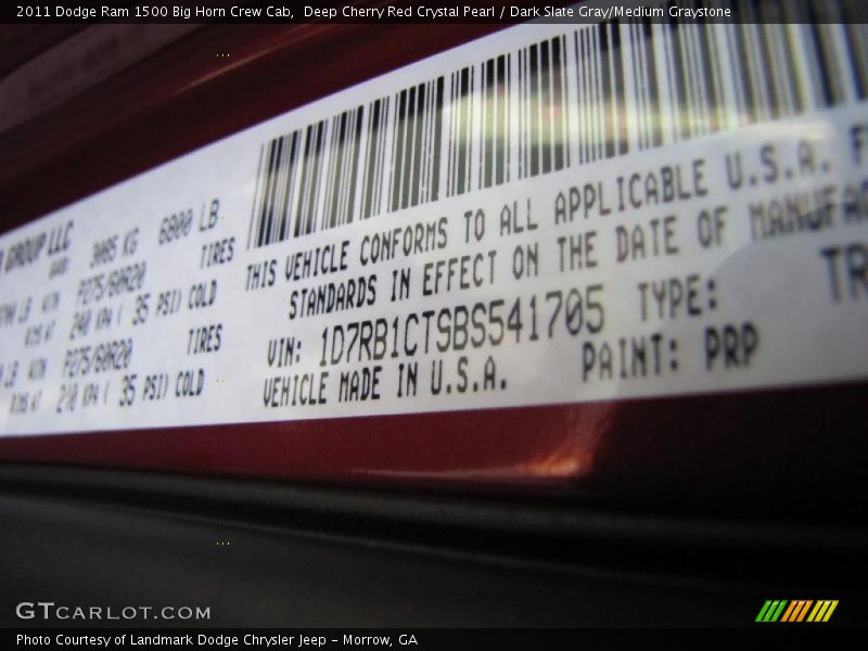 2011 Ram 1500 Big Horn Crew Cab Deep Cherry Red Crystal Pearl Color Code PRP