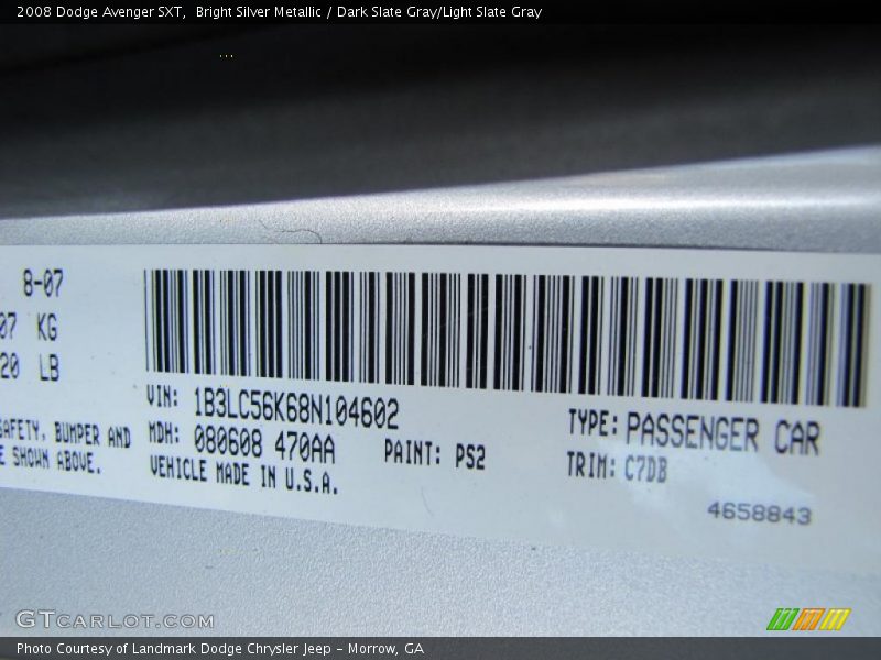 Bright Silver Metallic / Dark Slate Gray/Light Slate Gray 2008 Dodge Avenger SXT