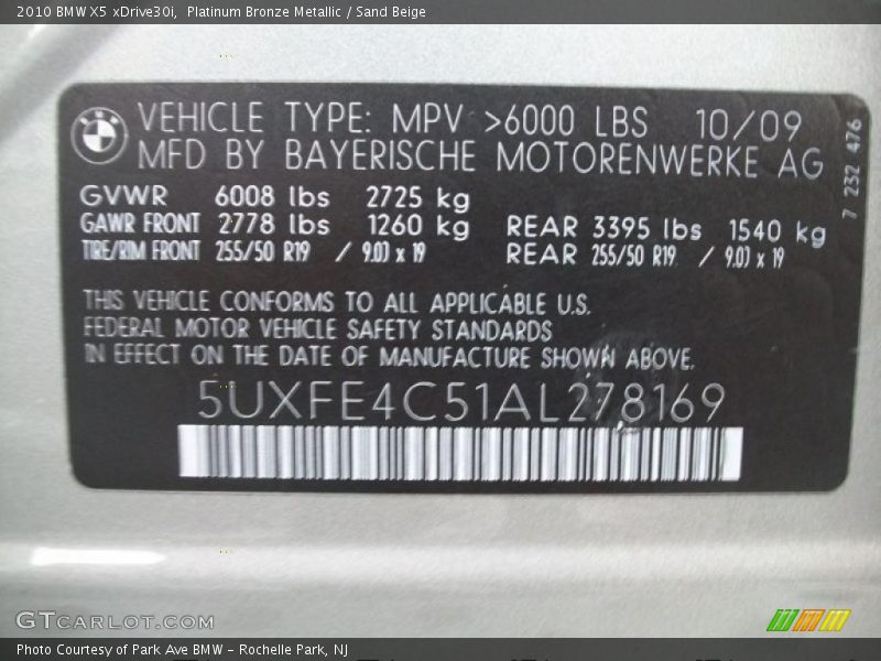 Platinum Bronze Metallic / Sand Beige 2010 BMW X5 xDrive30i