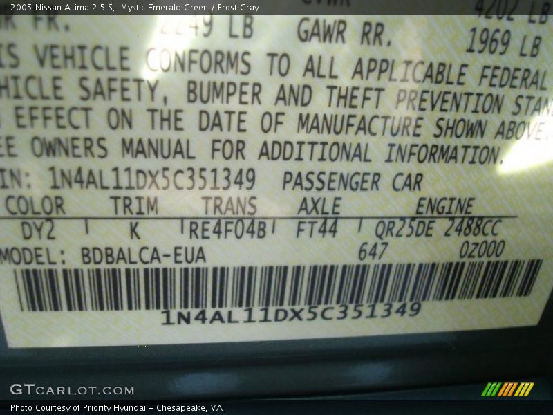 Mystic Emerald Green / Frost Gray 2005 Nissan Altima 2.5 S