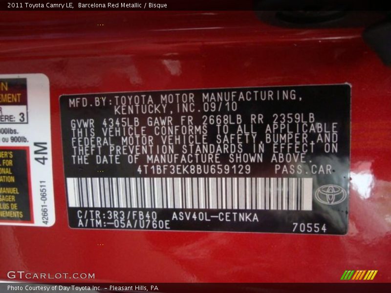 2011 Camry LE Barcelona Red Metallic Color Code 3R3